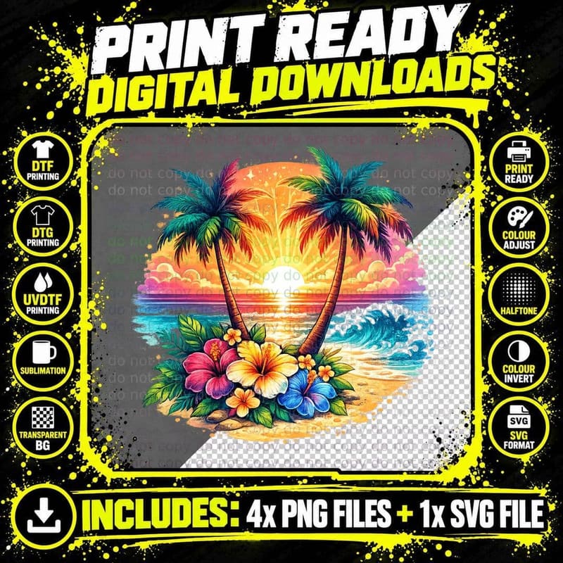 Rainbow Sunset Palm Trees Flowers Summer T-Shirt Png SVG Digital Bundle