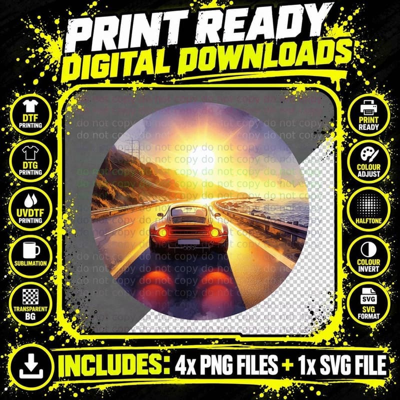 Red Car Beach Sunset on Ocean Road Landscape Golden Hour Png SVG Digital Bundle