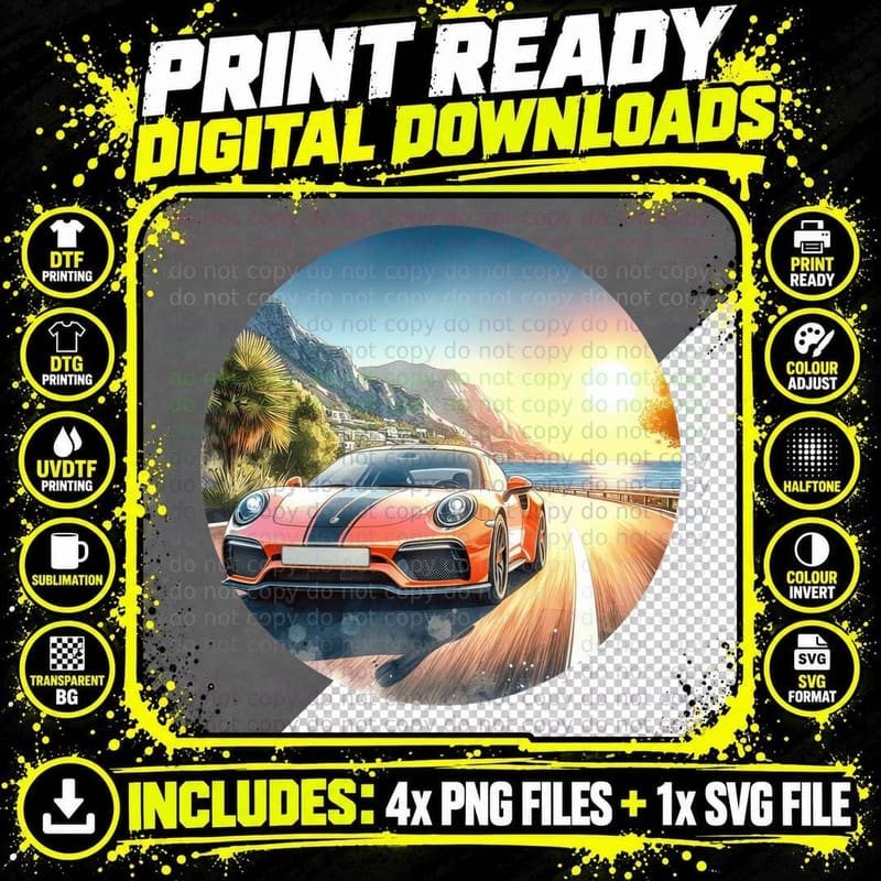 Red Car Coastal Drive Orange Sports on Road Palm Trees Png SVG Digital Bundle