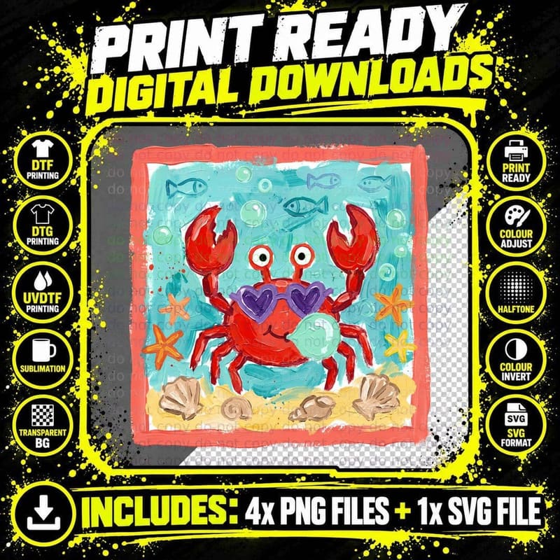 Red Crab Heart Eyes Ocean Shells Summer T-Shirt Png SVG Digital Bundle