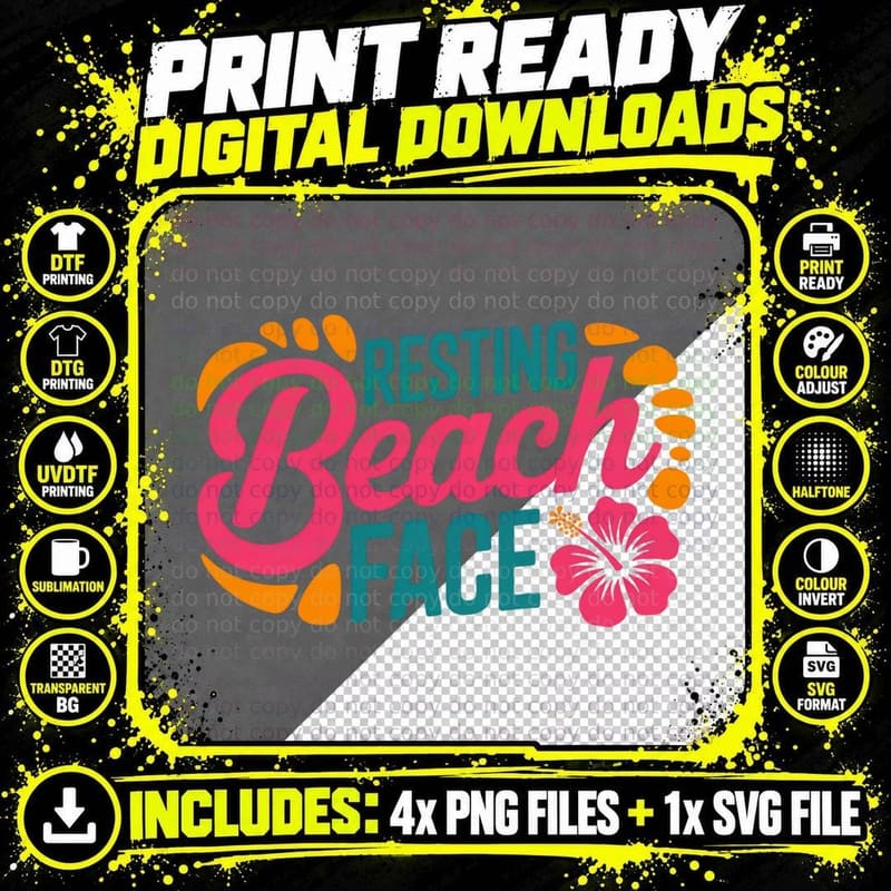 Resting Beach Face Summer T-Shirt, Hibiscus Pink Orange Png SVG Digital Bundle
