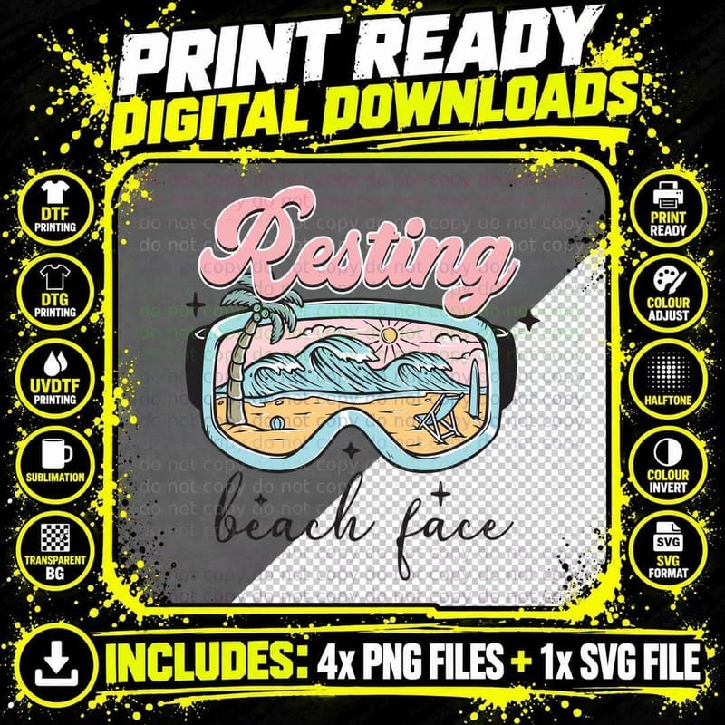 Resting Beach Face Summer T-Shirt, Sunglasses Goggles Png SVG Digital Bundle