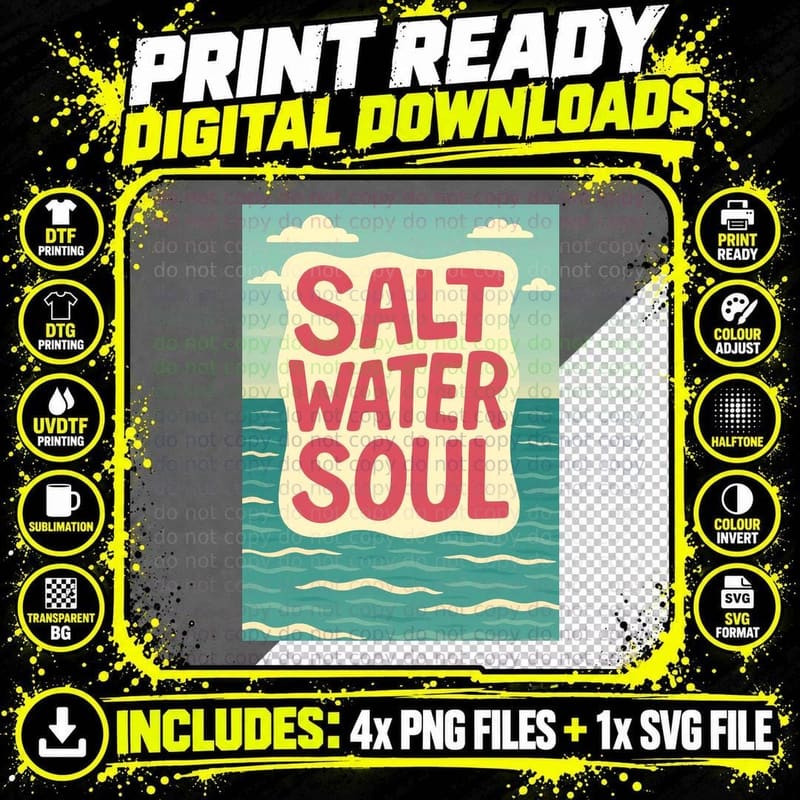 Salt Water Soul Summer T-Shirt, Ocean Waves Palm Trees Png SVG Digital Bundle