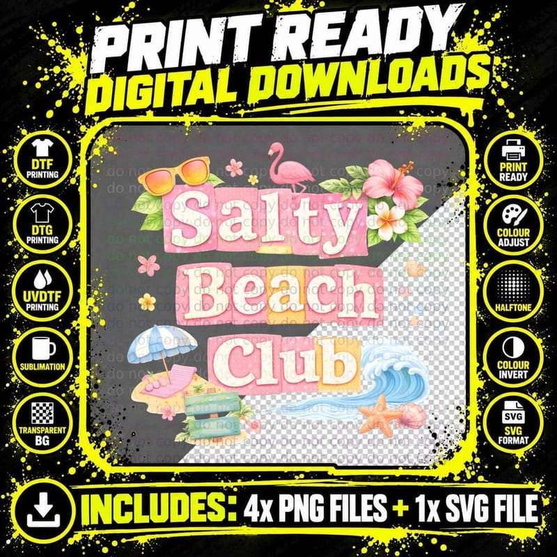 Salty Beach Club Summer T-Shirt, Flamingo Palm Beach Png SVG Digital Bundle