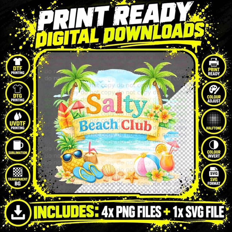 Salty Beach Club Summer T-Shirt, Palm Tree Ocean Beach Png SVG Digital Bundle