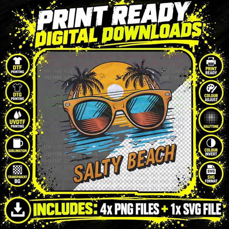 Salty Beach Summer T-Shirt, Lighthouse Sunglasses Sunset Png SVG Digital Bundle