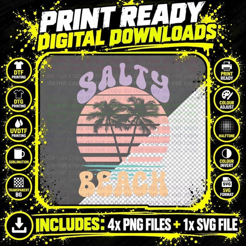 Salty Beach Summer T-Shirt, Palm Trees Striped Sunset Png SVG Digital Bundle