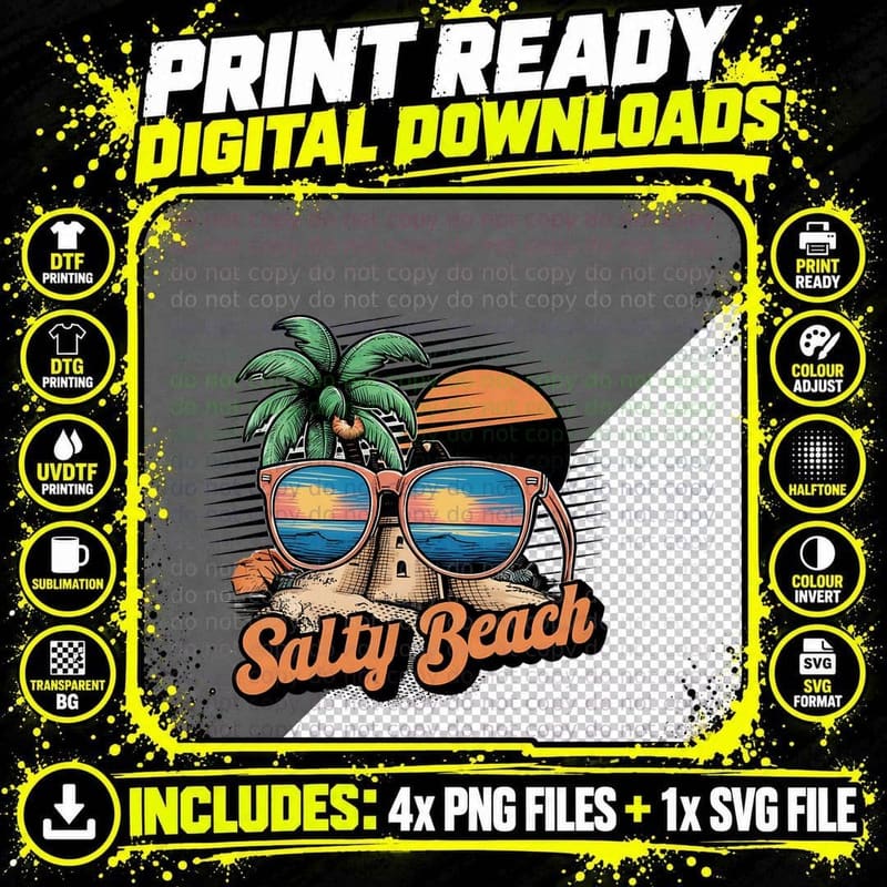 Salty Beach Summer T-Shirt, Sandcastle Sunglasses Sunset Png SVG Digital Bundle