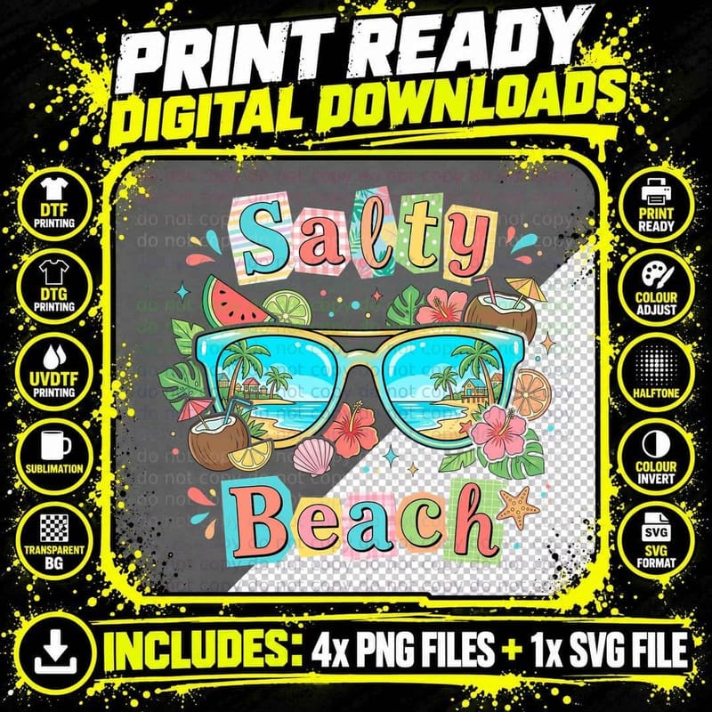 Salty Beach Summer T-Shirt, Sunglasses with Colorful Png SVG Digital Bundle