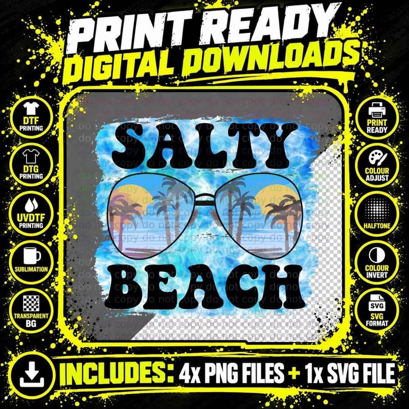 Salty Beach Summer T-Shirt, Sunglasses with Palm Tree Png SVG Digital Bundle