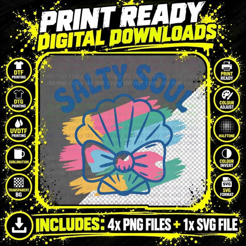Salty Soul Summer T-Shirt, Colorful Shell Radiating Png SVG Digital Bundle