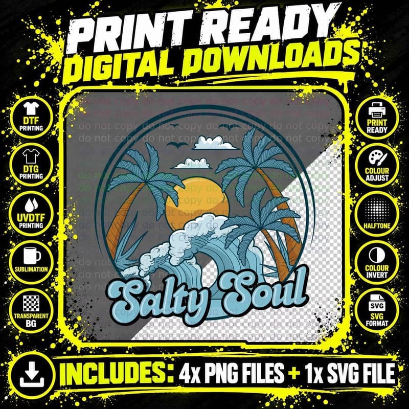 Salty Soul Summer T-Shirt, Ocean Wave Palm Trees Png SVG Digital Bundle
