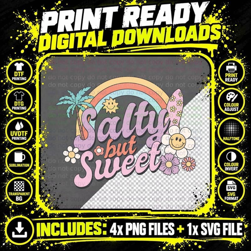 Salty but Sweet Summer T-Shirt, Rainbow with Palm Trees Png SVG Digital Bundle