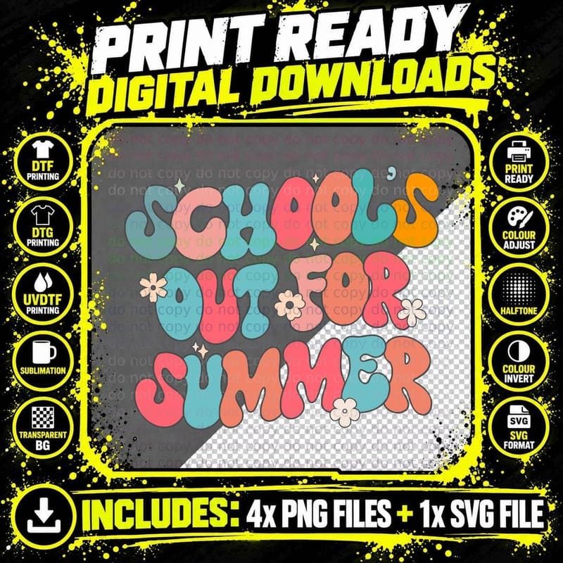 Schools Out for Summer T-Shirt, Colorful Bubble Letters Png SVG Digital Bundle