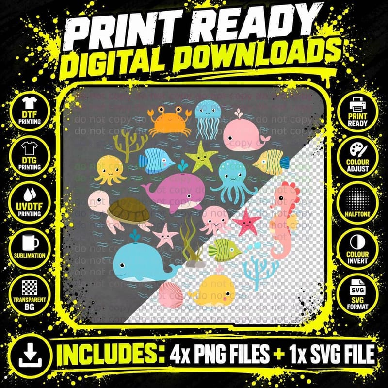 Sea Animal Tshirt - Cute Ocean with Fish for Summer Png SVG Digital Bundle