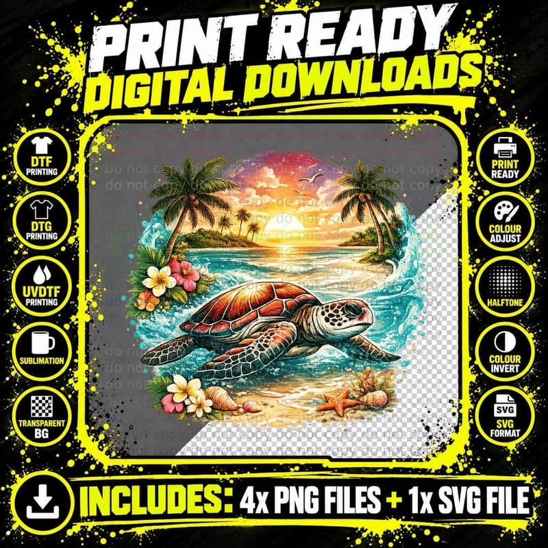 Sea Turtle Sunset Palms Summer T-Shirt Png SVG Digital Bundle