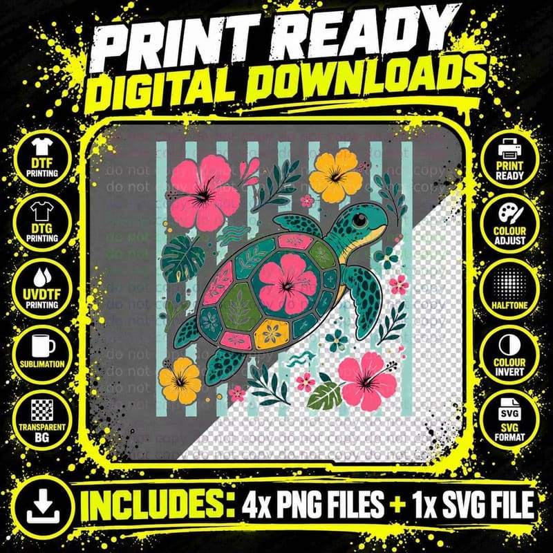 Sea Turtle with Flowers Striped Summer T-Shirt Png SVG Digital Bundle