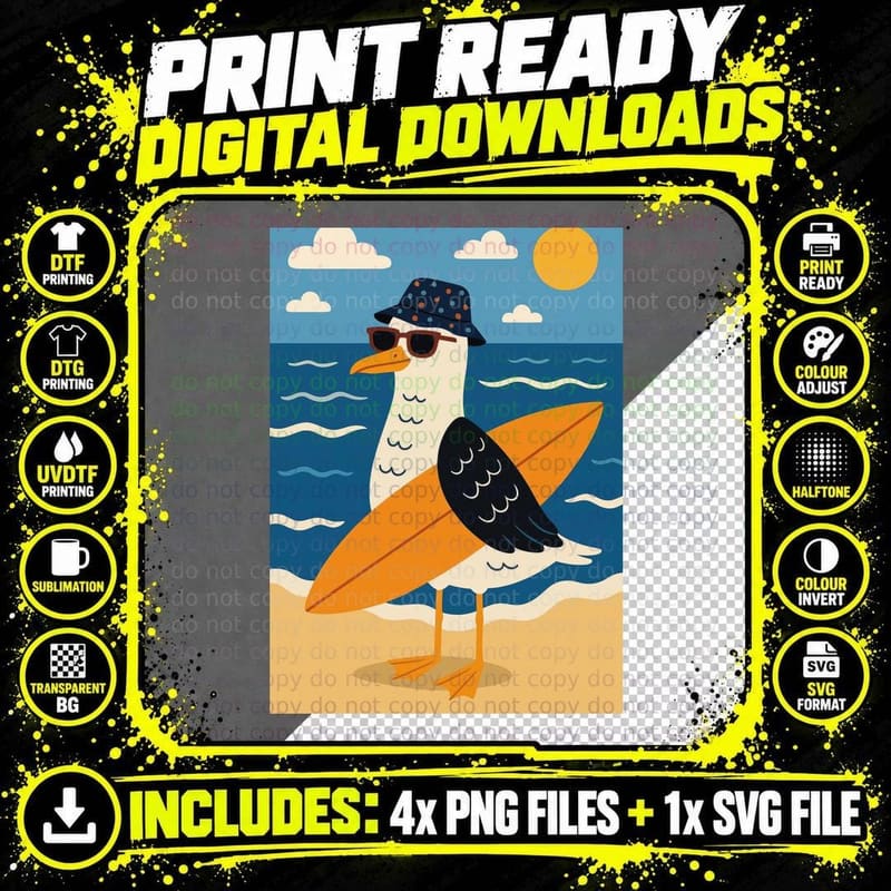Seagull Surfboard Ocean Beach Summer T-Shirt Png SVG Digital Bundle