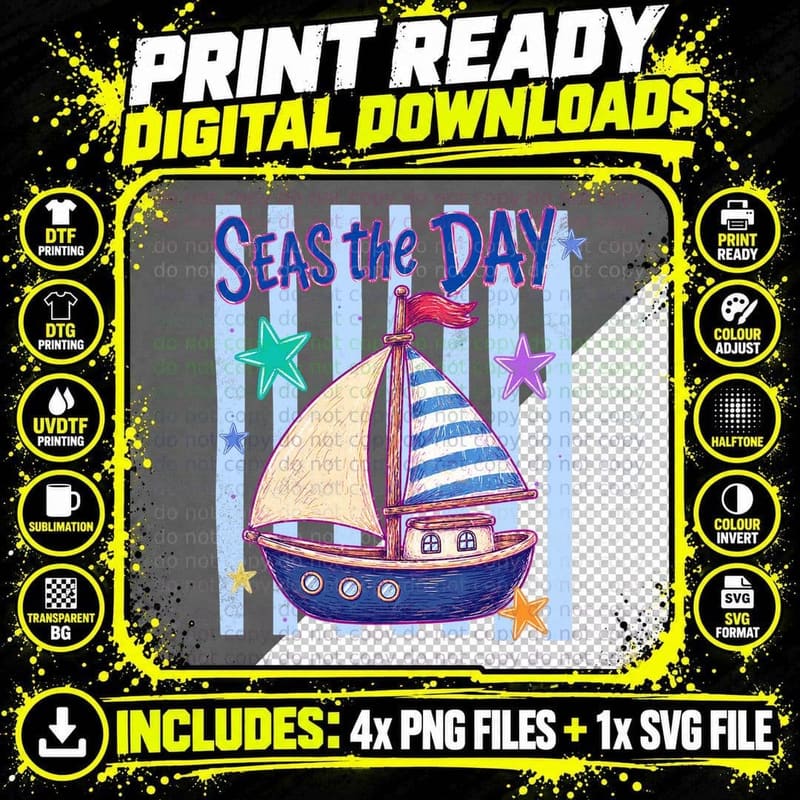 Seas the Day Summer T-Shirt, Sailboat Striped Background Png SVG Digital Bundle