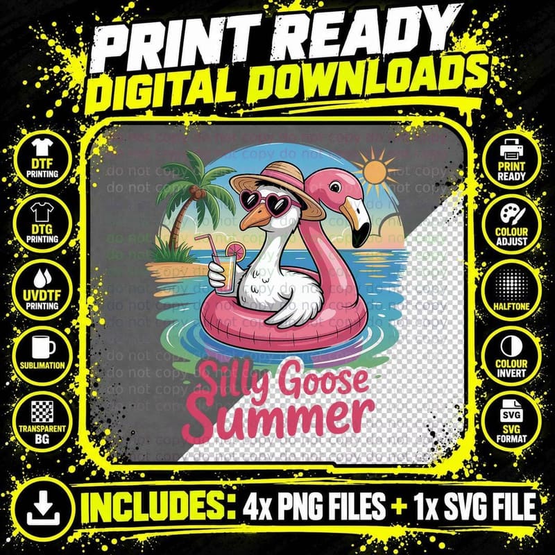Silly Goose Summer T-Shirt, Goose and Flamingo on Float Png SVG Digital Bundle
