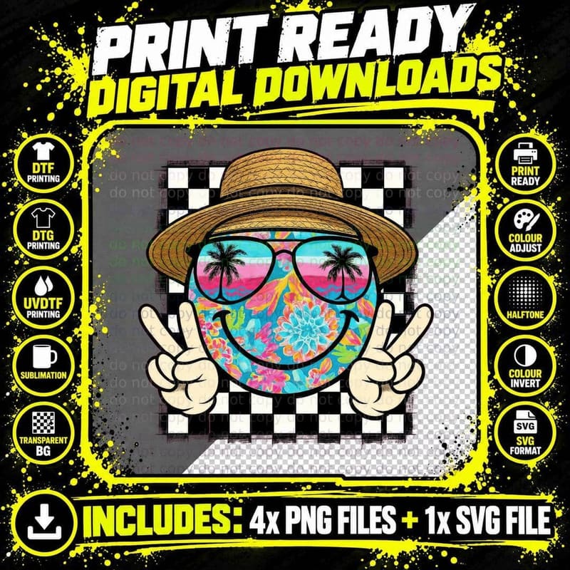 Smiley Face on Checkered Background Summer T-Shirt Png SVG Digital Bundle