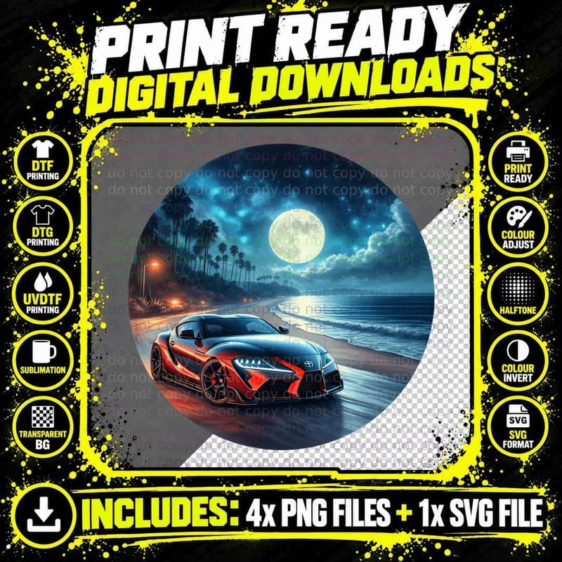 Sports Car Red Moonlit Beach Palmtrees T-Shirt Png SVG Digital Bundle