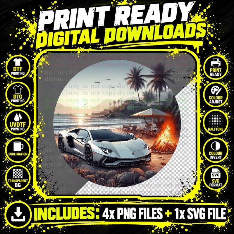 Sports Car White Supercar Beach Bonfire Sunset T-Shirt Png SVG Digital Bundle