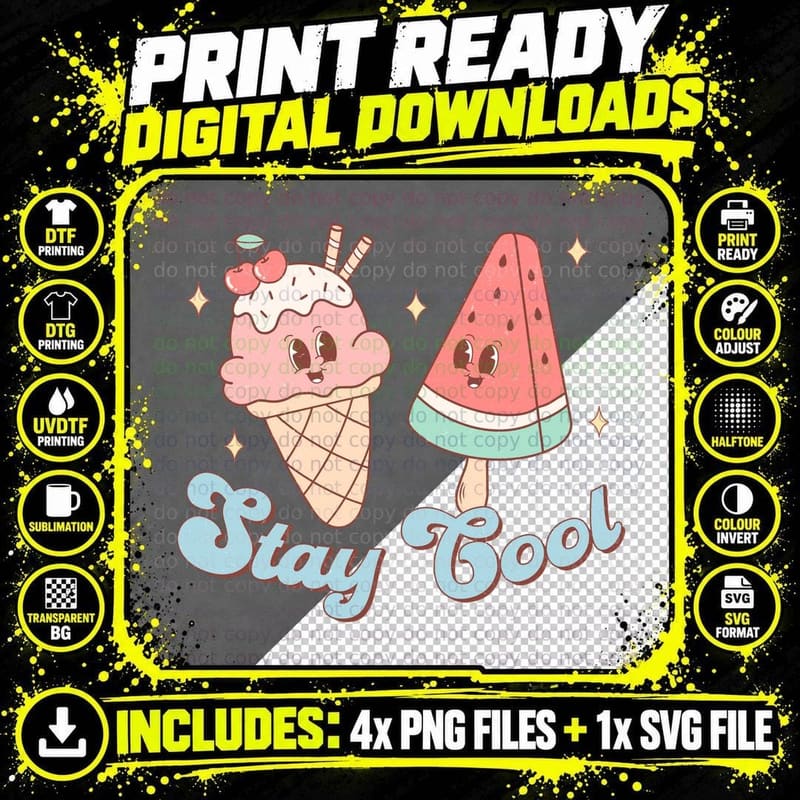 Stay Cool Summer T-Shirt, Ice Cream Treats Sunny Tee Png SVG Digital Bundle