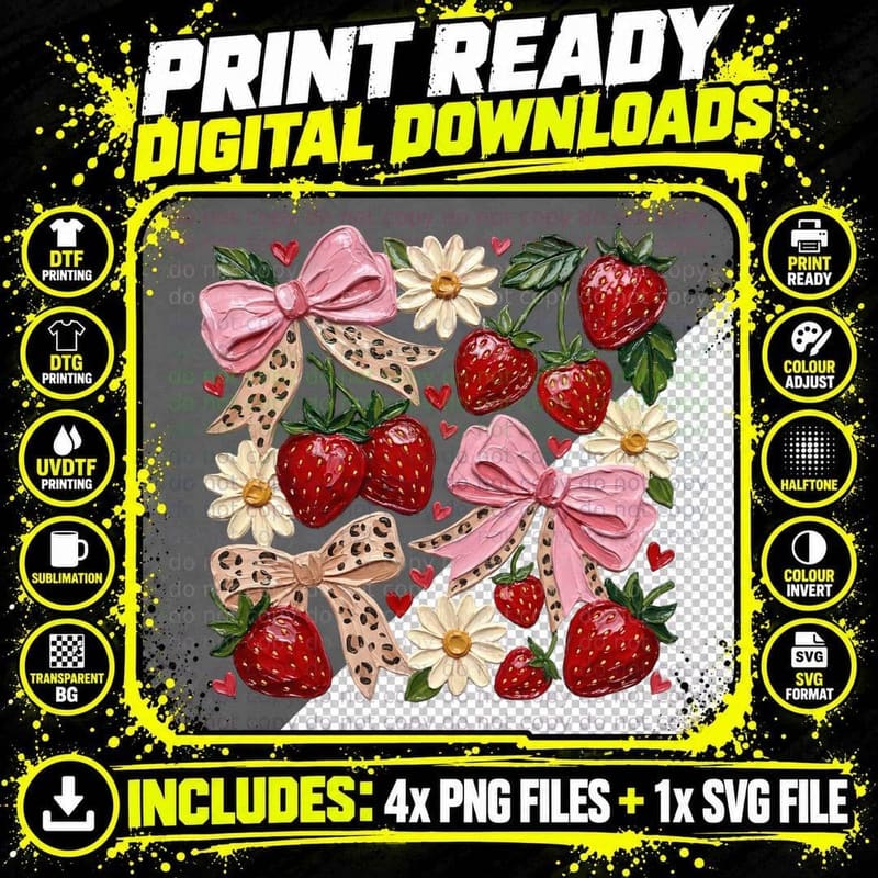 Strawberries Bows Hearts Daisies Summer T-Shirt Png SVG Digital Bundle
