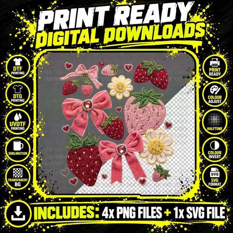 Strawberries Embroidered with Bows Summer T-Shirt Png SVG Digital Bundle
