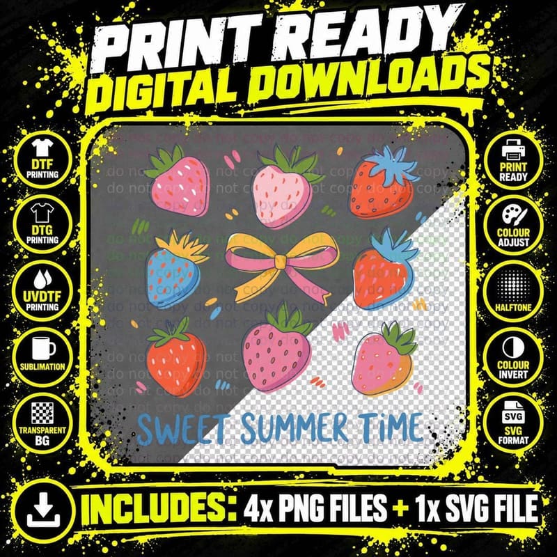 Strawberries Hearts Flowers Bows Summer T-Shirt Png SVG Digital Bundle