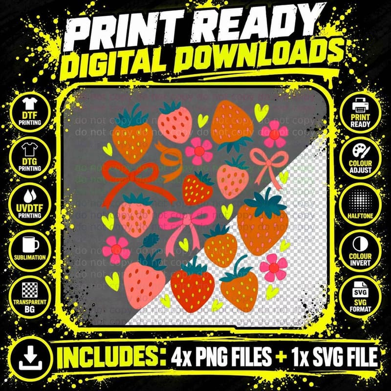 Strawberries Hearts Flowers Pattern Summer T-Shirt Png SVG Digital Bundle