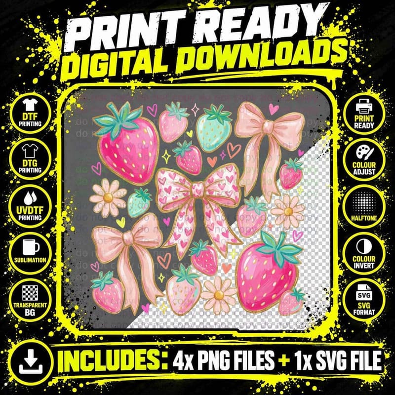 Strawberries Pink Bows Gold Summer T-Shirt Png SVG Digital Bundle