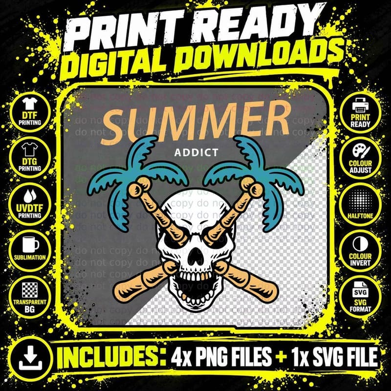 Summer Addict Skull Tropical Crossbones T-Shirt Png SVG Digital Bundle