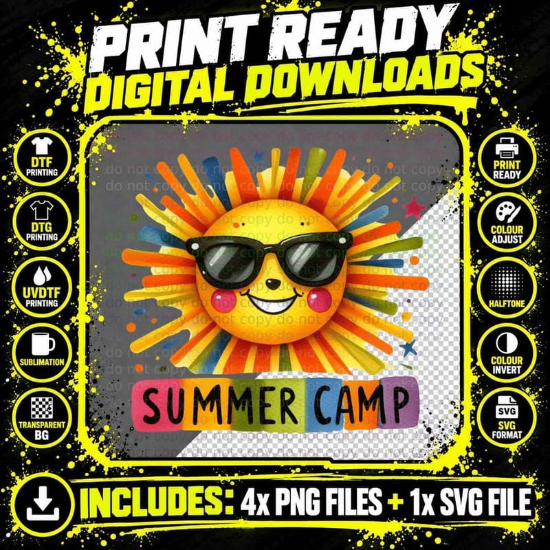 Summer Camp Summer T-Shirt, Smiling Sun with Sunglasses Png SVG Digital Bundle