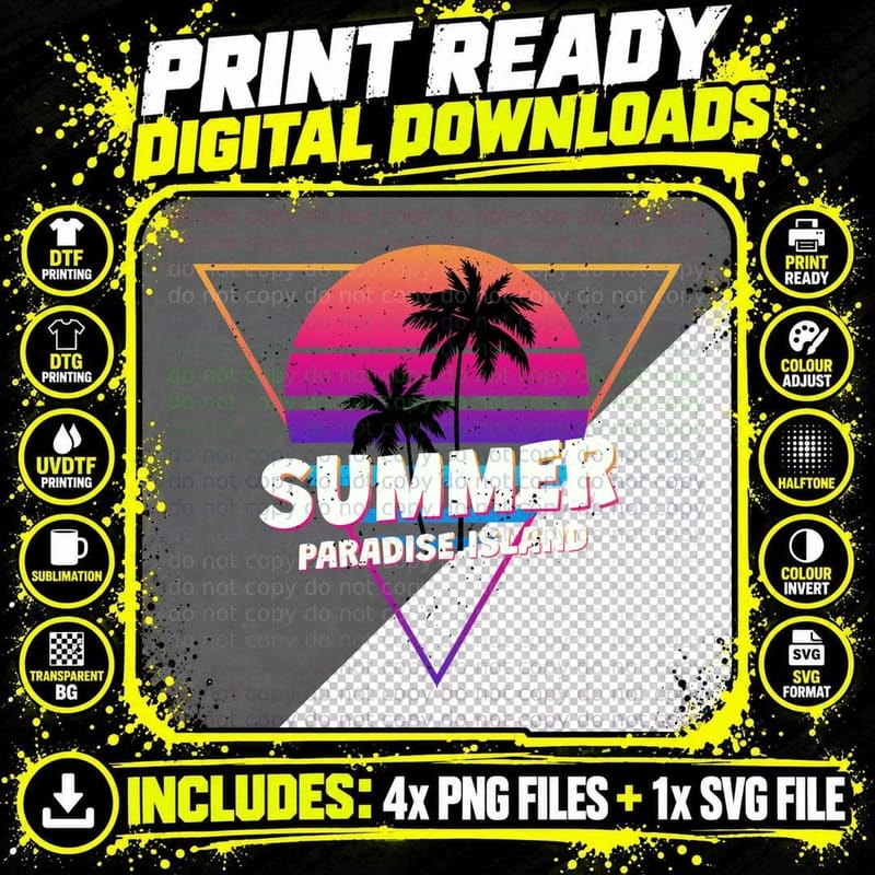 Summer Paradise Island Triangle with Palm and Sunset Png SVG Digital Bundle