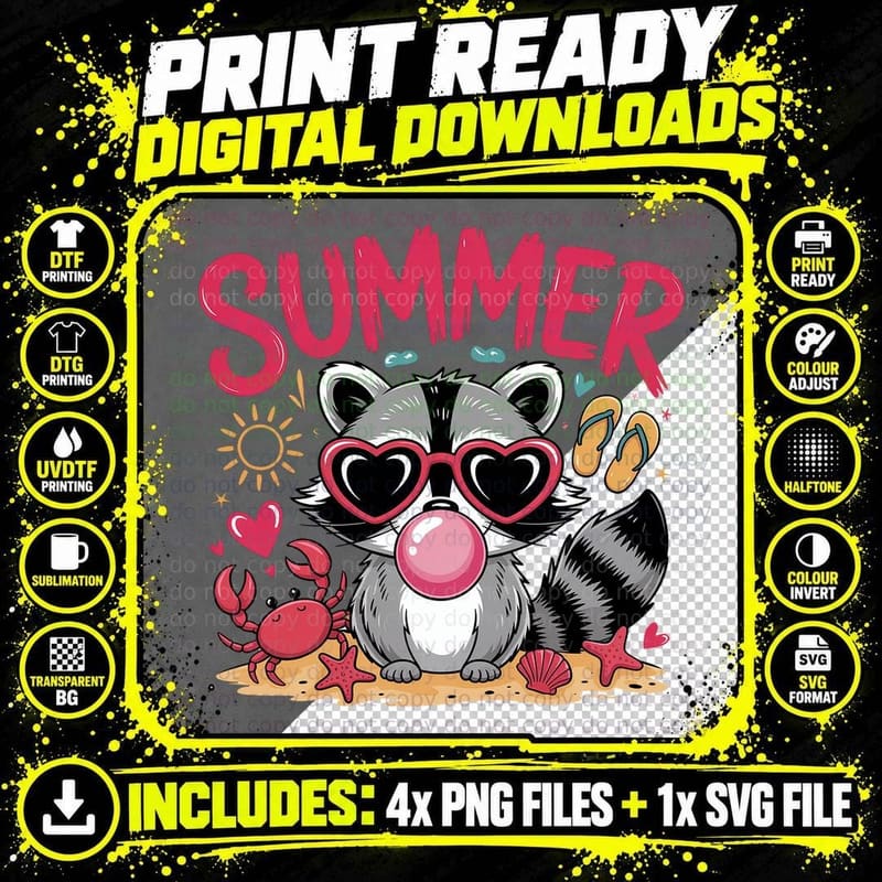 Summer T-Shirt, Raccoon with Heart Glasses on Beach Sand Png SVG Digital Bundle