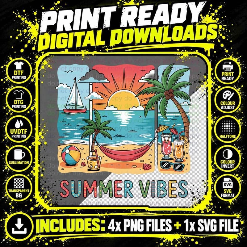 Summer Vibes Summer T-Shirt, Beach Scene Sailboat Palm Png SVG Digital Bundle