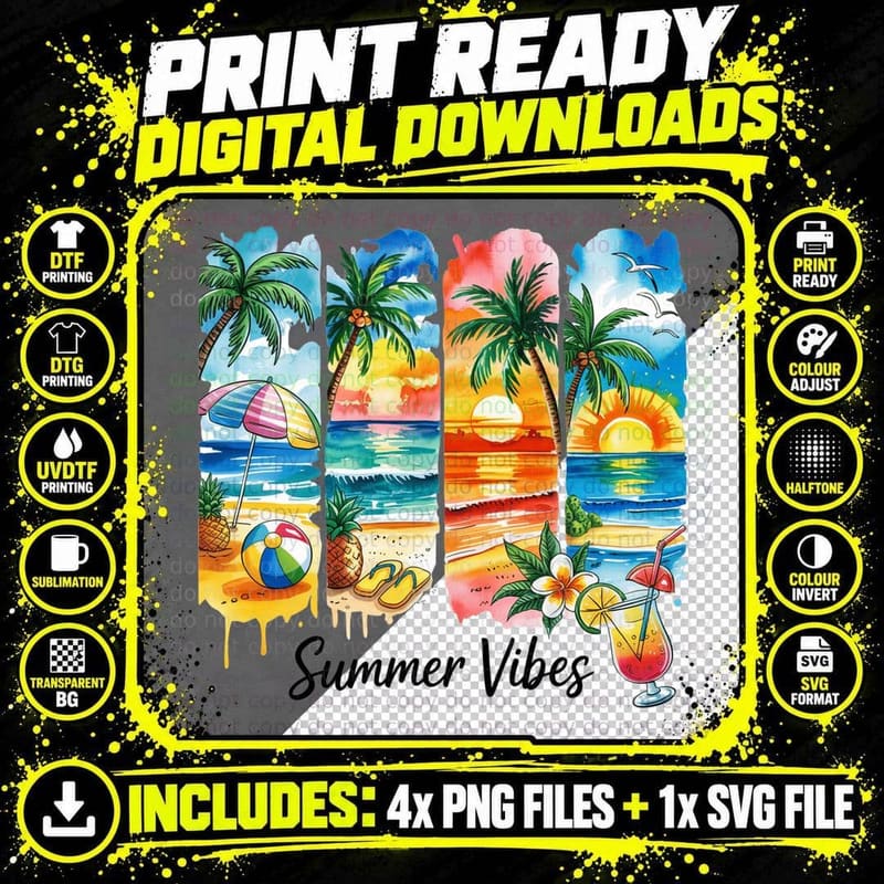 Summer Vibes Summer T-Shirt, Beach Scenes Umbrella Png SVG Digital Bundle