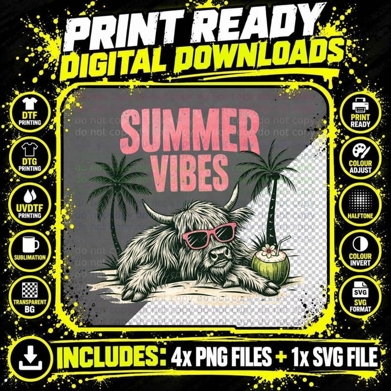Summer Vibes Summer T-Shirt, Bull Sunglasses Palm Trees Png SVG Digital Bundle