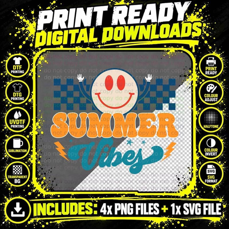 Summer Vibes Summer T-Shirt, Checkerboard Smiley Face Png SVG Digital Bundle