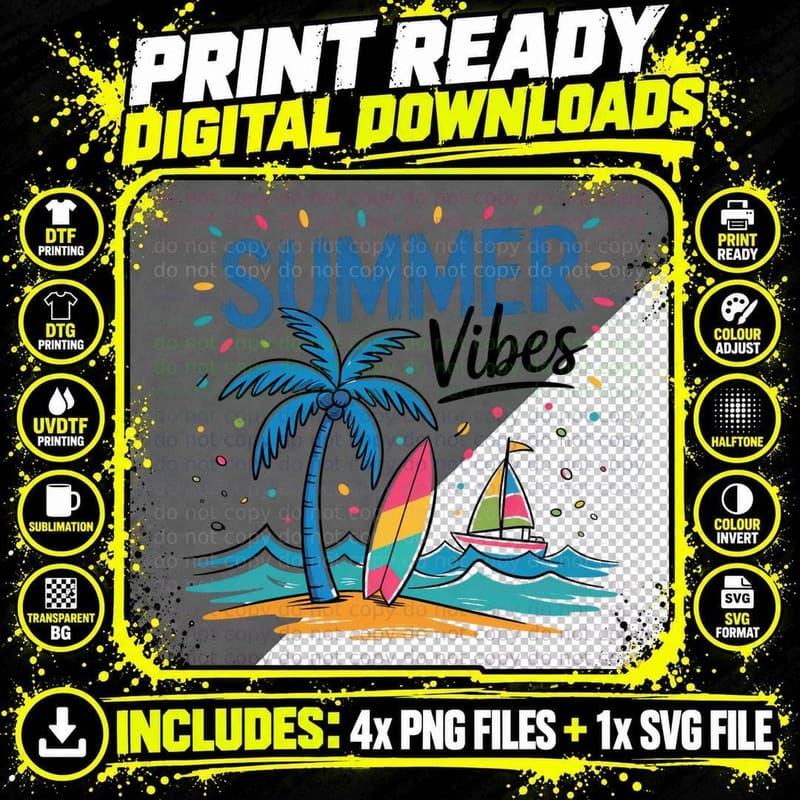 Summer Vibes Summer T-Shirt, Colorful Beach Palm Waves Png SVG Digital Bundle