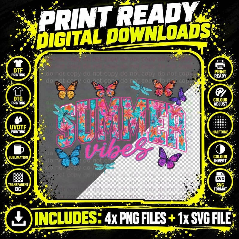 Summer Vibes Summer T-Shirt, Colorful Butterflies Png SVG Digital Bundle