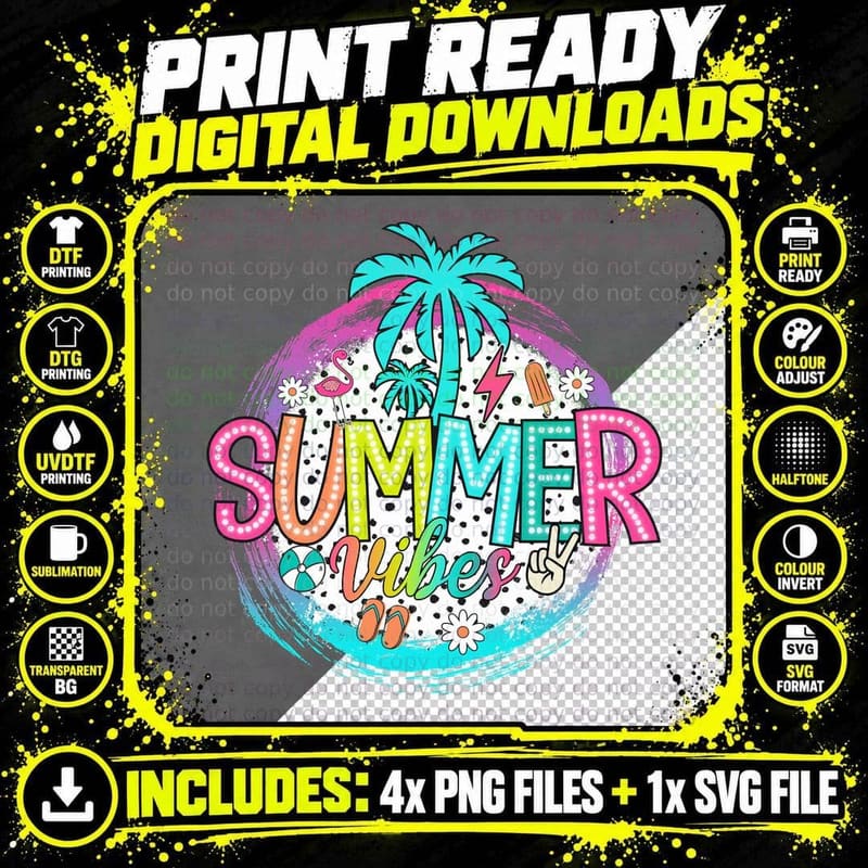 Summer Vibes Summer T-Shirt, Colorful Palm Flamingo Png SVG Digital Bundle