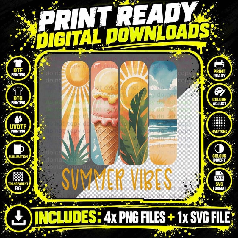 Summer Vibes Summer T-Shirt, Four Vertical Beach Scene Png SVG Digital Bundle
