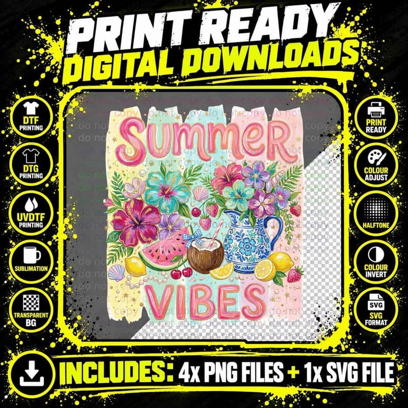 Summer Vibes Summer T-Shirt, Lemons Flowers Pitcher Png SVG Digital Bundle
