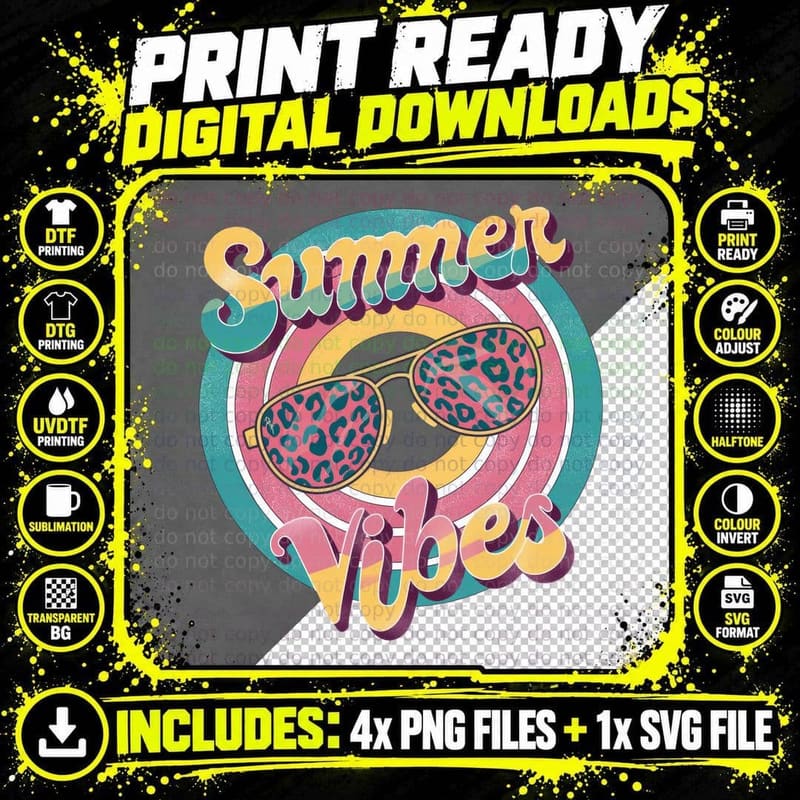 Summer Vibes Summer T-Shirt, Leopard Sunglasses Colorful Png SVG Digital Bundle