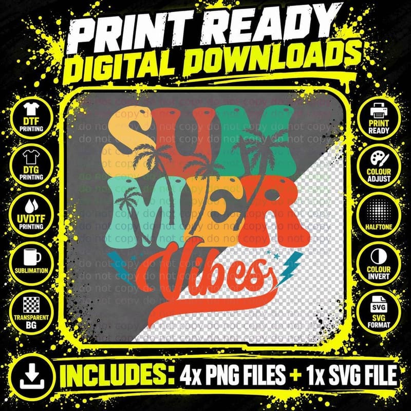 Summer Vibes Summer T-Shirt, Multi-Color Letters Palm Png SVG Digital Bundle