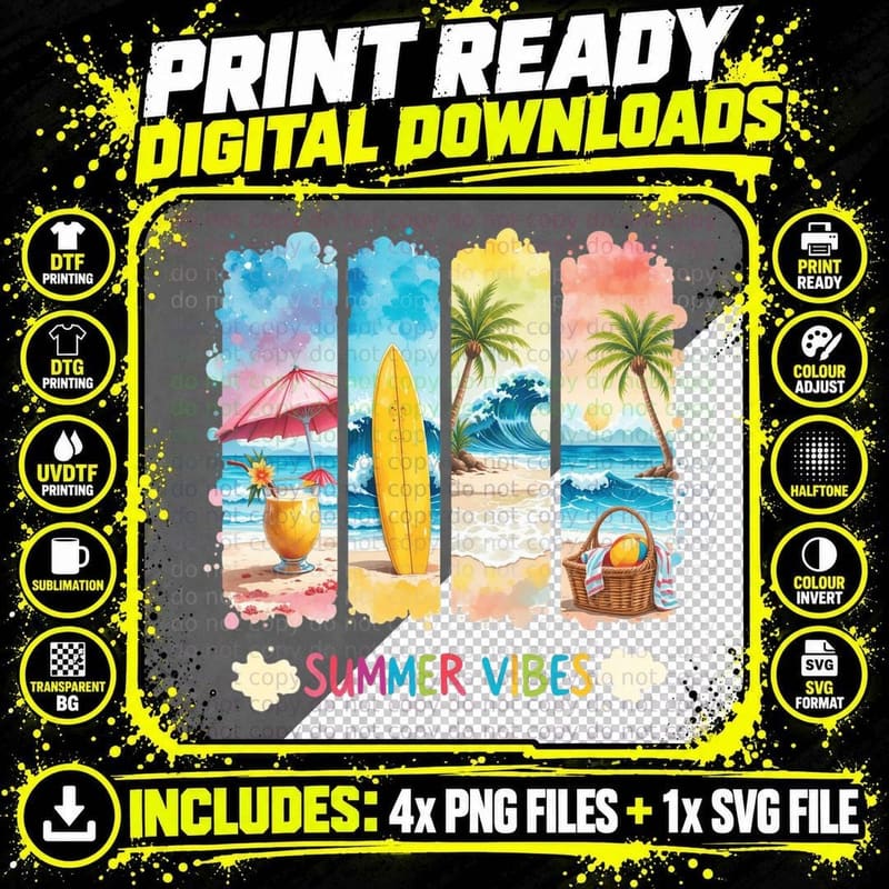 Summer Vibes Summer T-Shirt, Ocean Beach Panels Colorful Png SVG Digital Bundle