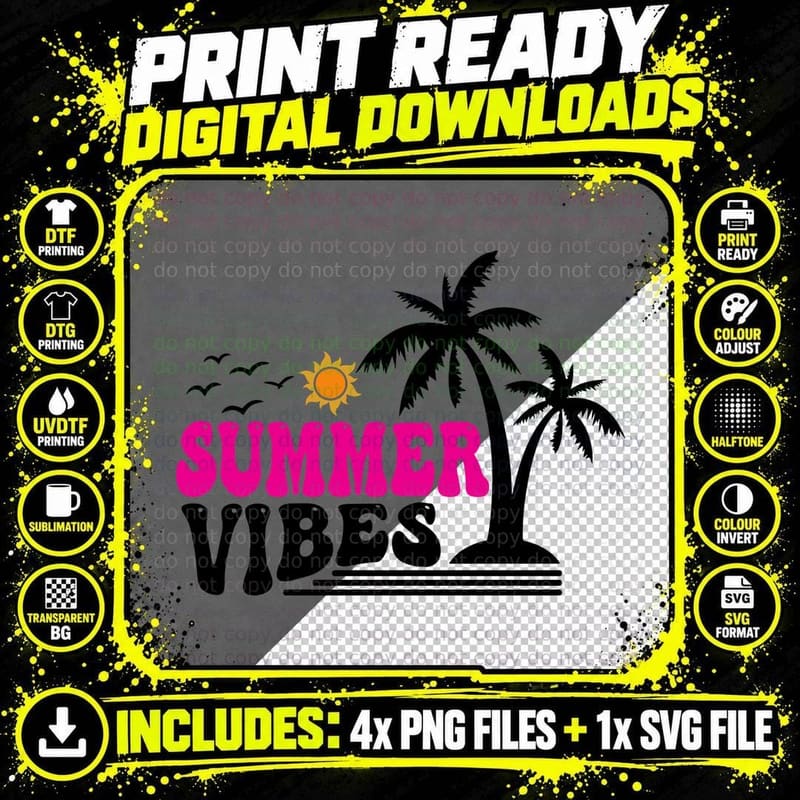 Summer Vibes Summer T-Shirt, Palm Tree Sun Simple Design Png SVG Digital Bundle